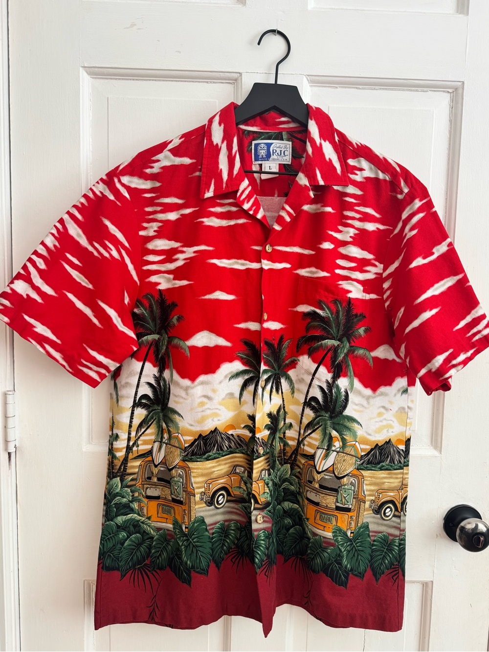 Vintage RJC Hawaiian Aloha Shirt in Red Scenic Palm Tree and Surfer Van Design